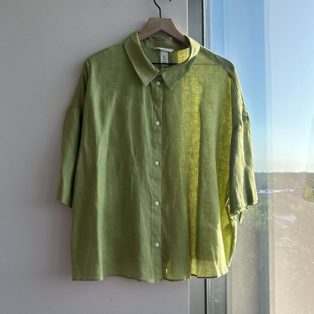 H&M Light Olive Green Button-Up Linen Blouse